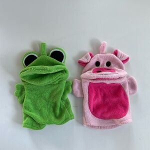 Frog & pig hand puppets made in terry or towel cloth.